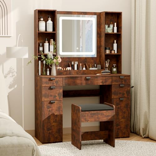 Vanity with Mirror and Lights, Makeup Vanity Table Set, Dressing Table, Large Wood Vanity with Chair, Touch-Sensitive Dimmable Mirror, Shelves and Drawers. Industrial Style Vintage Brown
