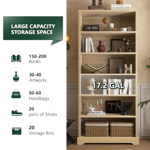 Image of TVU 6-Tier Wooden Bookshelf, 77.2 inch Tall Farmhouse Style Open Bookcase, 31.5 inch W Standing Book Shelf with Storage, Suitable for Study, Living Room, Office, Natural Wood Color