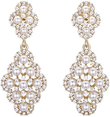 BriLove Wedding Bridal Clip On Earrings for Women Rhombus Crystal Simulated Pearl Hollow Chandelier Dangle Earrings Clear Gold-Toned
