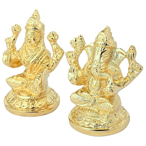 Image of 24K Gold Plated Brass Laxmi Ganesh Idol, Murti for Mandir & Decor Diwali Gift, God Statue for Home Temple Pooja, Office Car Dashboard, Wedding Anniversary & Corporate Gift, Housewarming- 3 inch, 480gm