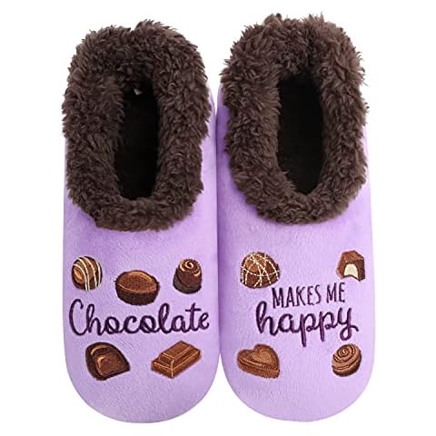 Snoozies Pairable Slipper Socks - Funny House Slippers for Women, Non-Slip Fuzzy Slipper Socks - Chocolate Makes Me Happy - Medium Cover