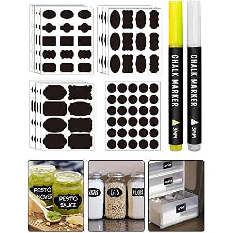 Ezigoo Chalkboard Sticker Labels Reusable Chalk Labels for Jar Freezer Food Black Label Stickers 4 Sizes 15 Shapes 205pcs with Pen to Decorate Party Office Mason Bottoles Cover