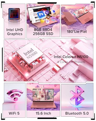 Image of 2026 Laptop Computer Notebook,15.6 inch IPS FHD Display,8GB RAM 256GB SSD,Celeron N5100 Processor,WiFi5,BT5.0,USB3.0,Backlit keyboard,Fingerprint for Business Home Office and Students,Rose Gold
