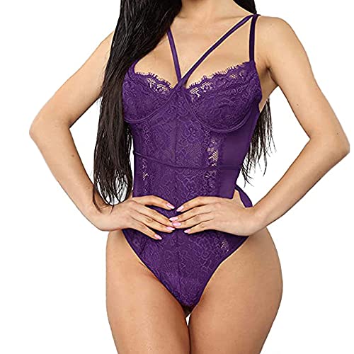 Buitifo Body Sexy pour Femme Une Pièce Babydoll Cils Teddy Lingerie Négligé en Dentelle(Violet-M Cover