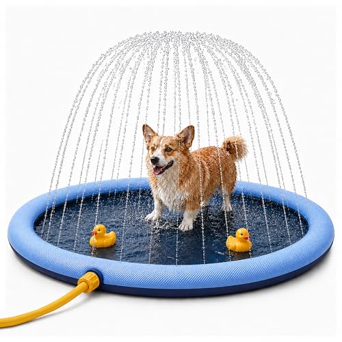 BESCH Piscina para Perros 150 cm, Splash Pad para Perros con Aspersor 360°, Alfombrilla de Agua Antideslizante de PVC, Conexión a Manguera, Plegable para Jardín, Patio y Juegos de Verano
