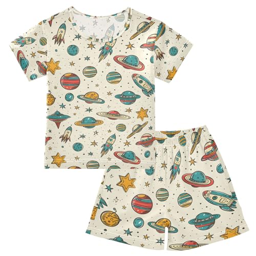 ALAZA Planet Solar System Star Cartoon Pajamas Set Short Sleeve Cotton Sleepwear Summer Pjs 2 Piece 5-14Y