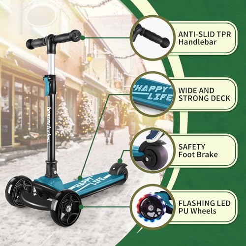 Image of besrey 3 Wheel Scooter for Kids Ages 3-10 with 4 Adjustable Height | LED Light Wheels, Foldable Toddler Scooter, Extra Deck, Lean-to-Steer Design, Sturdy and Safe