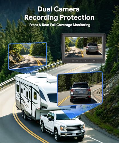Image of RV Backup Camera System with Front & Rear View Camera, 7'' Split Screen for RV Truck Trailer Camper, 1080P HD DVR Loop Recording, Plug & Play, Night Vision, IP69 Waterproof, Wide Angle, 32GB SD Card