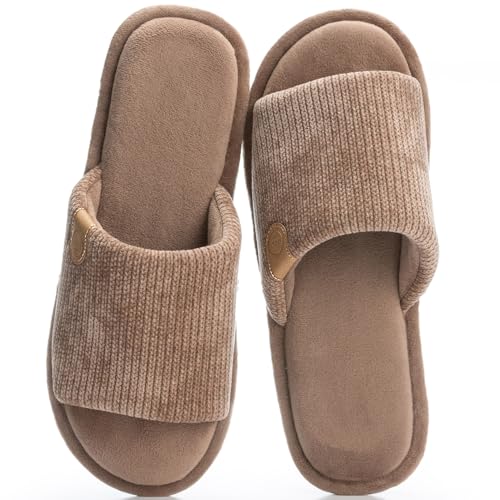 GOEWY Mens Cozy Slippers with Memory Foam House Shoes for Indoor Outdoor Slip On Non-slip Sole Open Toe Summer Slippers for Men Size 11 12 Brown
