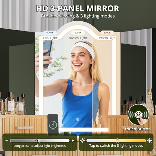 Image of FURSUN Fluted Makeup Vanity Desk with HD 3 Way Mirror and Lights, 51 inch Large Corner Vanity Table with Charging Station, Dressing Table with 4 Drawers & 2 Storage Cabinets for Bedroom, Natural Oak