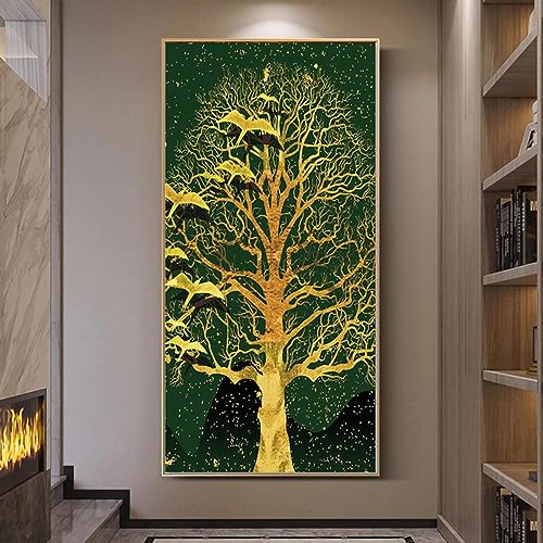 Decoration d'interieur moderne abstraite arbre dore peinture sur toile encadree 55x110