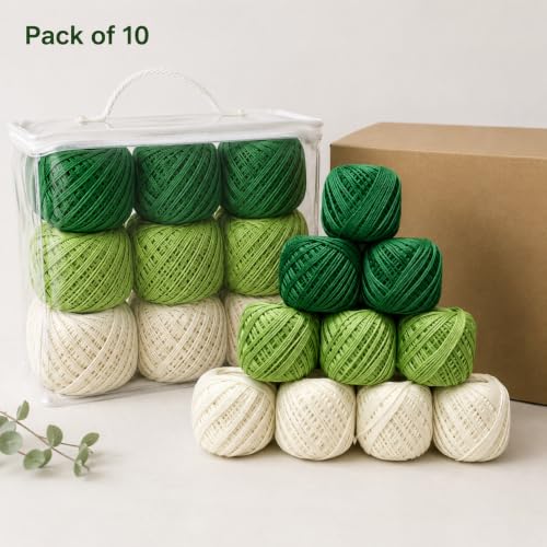 Image of Crochet Cotton Thread Yarn Combo, 10 Rolls for Knitting, Crochet, Embroidery and Craft Making, Soft Decorative Thread for Handmade DIY Projects (Dark Green -Light Green &Cream)