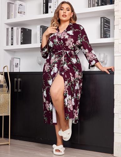Image of IN'VOLAND Womens Plus Size Kimono Robes Long Knit Bathrobe V Neck Ladies Loungewear Lightweight Soft Sleepwear 1X-5X