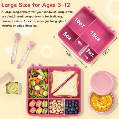 Image of Kids Lunch Box 4 Compartment Bento with 8oz Food Jar，Pink
