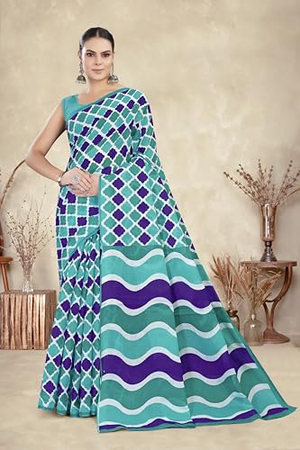 Tamaira Fashion Women's Printed Pure Cotton Mulmul Saree Without Blouse Piece(2487_Seagreen&Purple)
