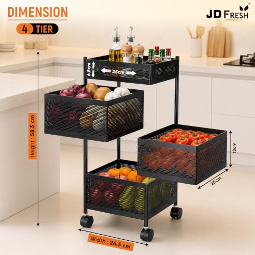Image of JD FRESH 4-Tier Metal Rotating Kitchen Trolley with 360-Degree Rotating Wheels /Spice Rack /Vegetable & Fruit Storage /Organizer Holder /Onion-Potato Storage Basket for Kitchen /Vegetable Storage Stand