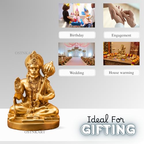 Image of Hanuman Ji Murti - 3.5 Inch Polyresin Car Dashboard Idol - Golden Statue for Home & Office Decor, Living Room Showpiece - Blessing Hanuman Idol for Birthday, Diwali, Housewarming