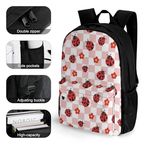 Lightweight Packable Rucksack for Travel & Emergency Kit, Durable Water-Resistant Foldable Backpack for Men & Women, Compact Storage, Cute Pink Plaid Red Ladybug Bookbag3
