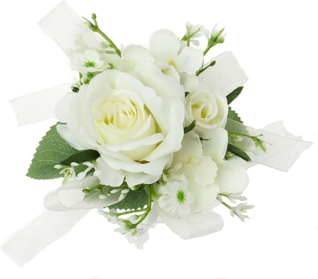 4 Pieces/lot Artificial Rose Flowers Wedding Bride Wrist Corsage Hand Flower Party Decoration (Ivory Wrist Corsage) - Image 4