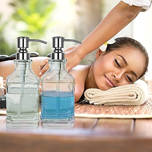 2 Pack Versatile Glass Soap Dispenser Bottle with Pump, 12 Oz Dripless Stainless Steel Pump Bottle, Refillable Liquid Hand Jar Dispenser for Bathroom, Countertop, Kitchen with 8 Waterproof Labels