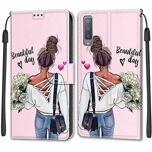 YKTO Etui à Rabat en PU Cuir pour Samsung Galaxy A7 2018/A750 Flip Portefeuille Coque de Protection avec Motif Charmant Pochette en Simili Cuir Etui a Rabat Coque Samsung Galaxy A7 2018/A750,Fille Cover