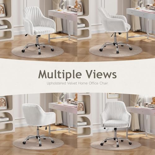 Image of AZAKEE Velvet Office Chair with Wheels & Armrests - Mid-Back Swivel Desk Chair for Home Office, Study, Bedroom & Vanity - Adjustable Height, Comfortable & Stylish (White)