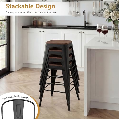 Juego de 4 butacos industriales Yongchuang de altura para barra, estructura metálica negra y asiento de madera laminada con respaldo alto miniatura 7