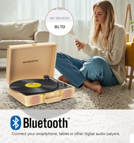 Image of Bluetooth Record Player, 3-Speed Belt Drive Turntable Gold | Portable Suitcase Bass and Treble Adjustment Headphone Jack