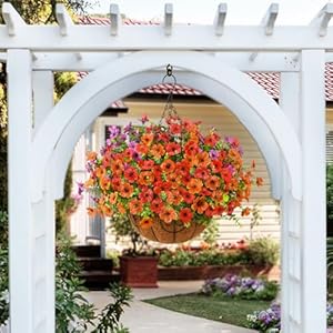 Artificial faux hanging plants flowers basket for spring outdoor decoration fake silk daisy in planter realistic uv resistant look real for porch home patio balcony yardpurple orange red  urban country home decor