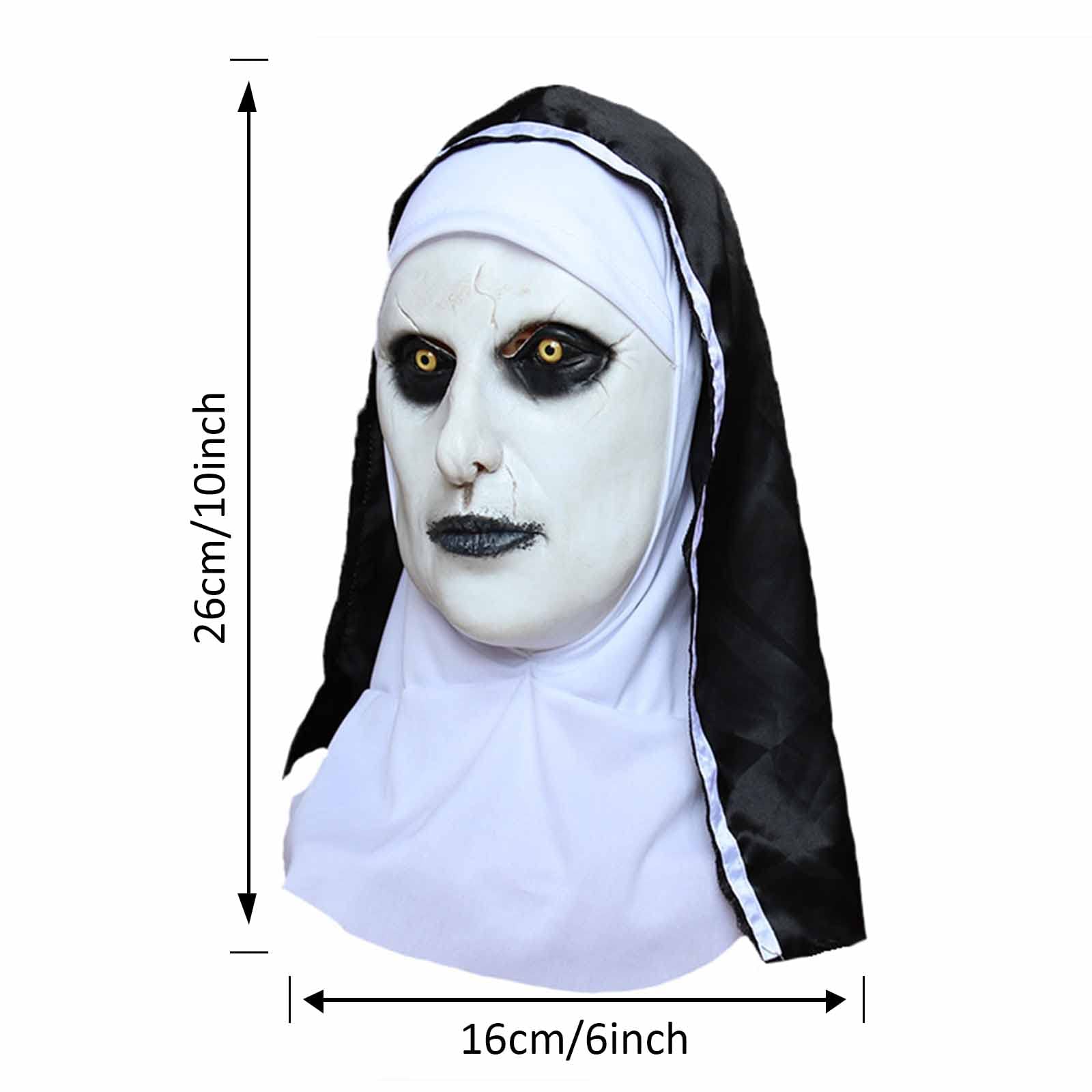 TIANHOO Maska zakonnicy, straszna lateksowa maska na Halloween, horror, maska na całą głowę, z chustą na głowę, zakonnica, przebranie, kostium cosplay, maski na Halloween, karnawał, przyjęcie,