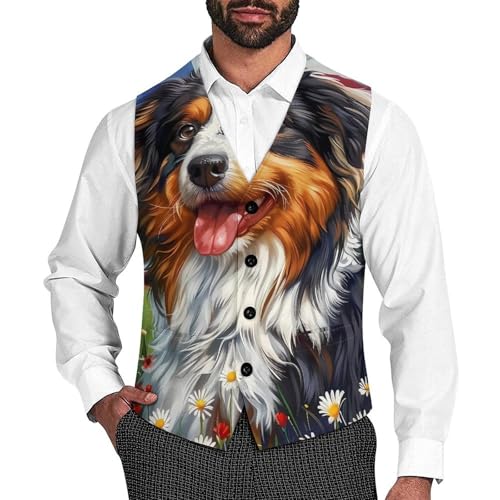 Australian Shepherd American US Flag Men's Suit Vest Waistcoat Vests Formal Dress with 2 Pockets for Business Casual Tuxedo