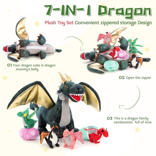 Image of Dragon Plush Toy with 4 Babies, 21.7 inch Stuffed Animal, Dark Green