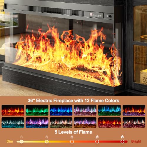 Image of MXV 98 inch Farmhouse Fireplace TV Stand, Large Wall Unit Entertainment Center with 36 inch Electric Fireplace, Media Console with Storage Cabinets and Open Shelves for Living Room, Black