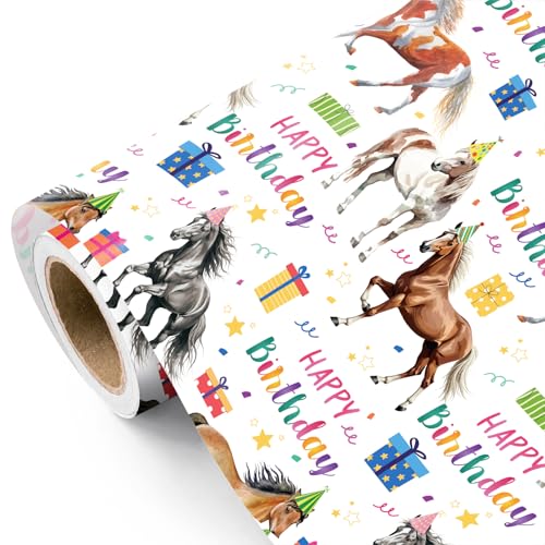 WRAPAHOLIC Horse Birthday Wrapping Paper Roll - Mini Roll - 17 Inch x 16.5 Feet - Watercolor Horse Wrapping Paper with Gifts and Confetti Design for Birthday Cowgirl Cowboy Party Horse Lovers