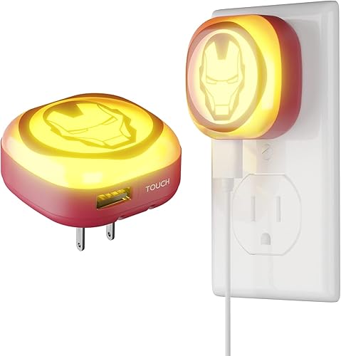 iJoy Marvel Iron Man Casco de luz nocturna LED táctil con puerto de carga USB, luz nocturna de los Vengadores con cargador de teléfono USB y enchufe