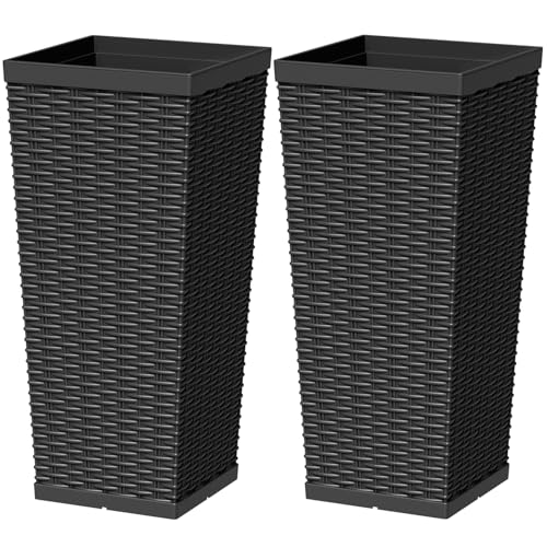 Greesum 24 Inch Tall Plastic Planters with Rattan Texture Set of 2 Detachable Inner Pot & Drainage Holes Indoor/Outdoor Decorative Flower Pots for Large Plants Trees Patio and Garden Black