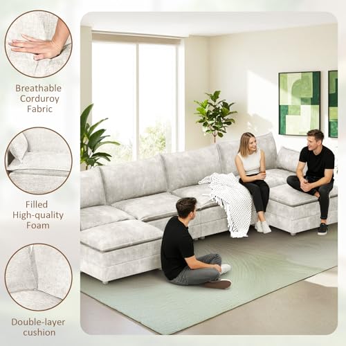 Image of LEVELEVE 147 inch U-Shape Modular Sofa with 2 Ottomans, Deep Seat Cloud Convertible Sleeper, 2 Arm Pillows, Comfortable Large Upholstered Furniture for Living Room Apartment, Beige