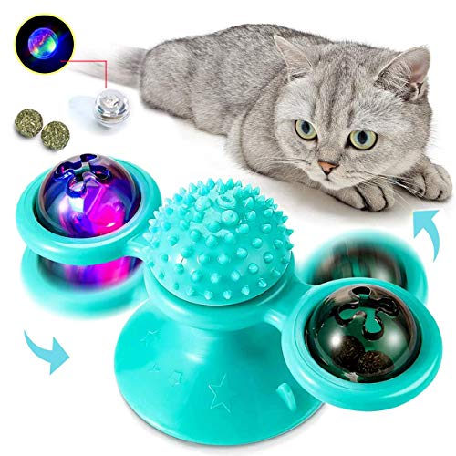 WR WPAIER Juguetes Interactivos para Gatos, Juguete de Molino de Viento para Gato, Rompecabezas Interactivo Entrenamiento Turntable Windmill Ball con Luces LED(Azul) Cover