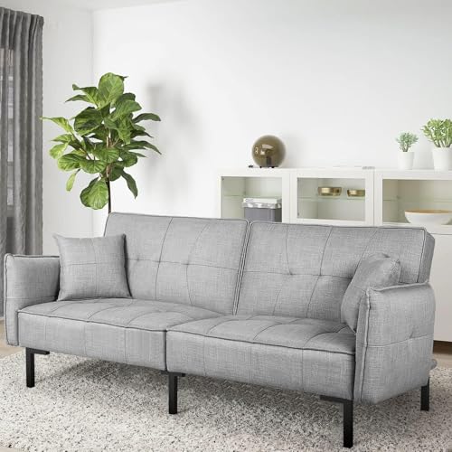 Image of PayLessHere Modern Convertible Futon Sofa Adjustable Folding Couch Sofa Bed Loveseat with Cotton Padding and High-Elastic Sponge for Living Room or Bedroom, Grey