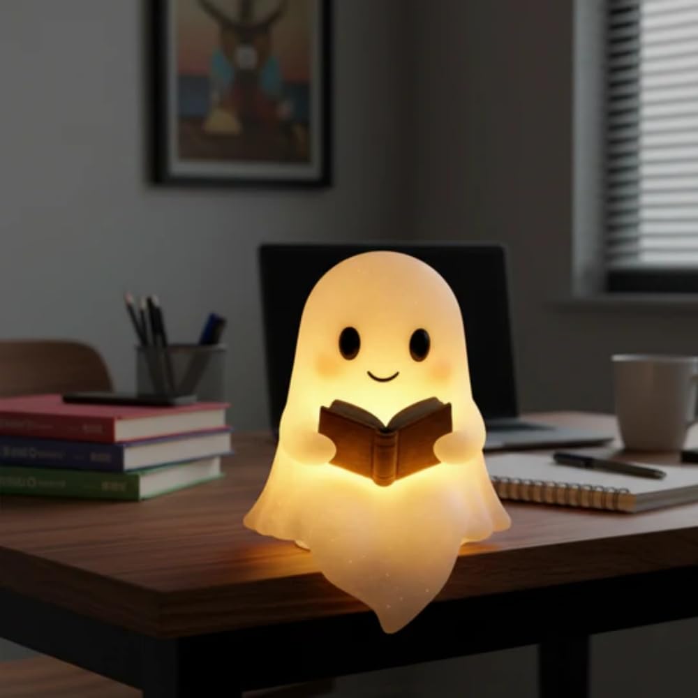 NachtGeist - Ein kleiner Geist, der Wärme & Licht spendet Leselampe mit warmem Licht, bezaubernde LED - Geisterlichter, perfekt für Halloween & Buchliebhaber, Wohn -/Schlafzimmer Deko