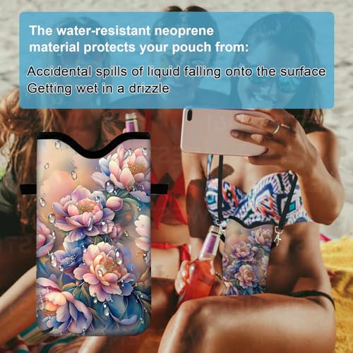 Image of Neoprene Cell Phone Sleeve Pouch Case Bag with Crossbody Strap Neck Lanyard for Women 7.1 X 3.9 in Rich Flower