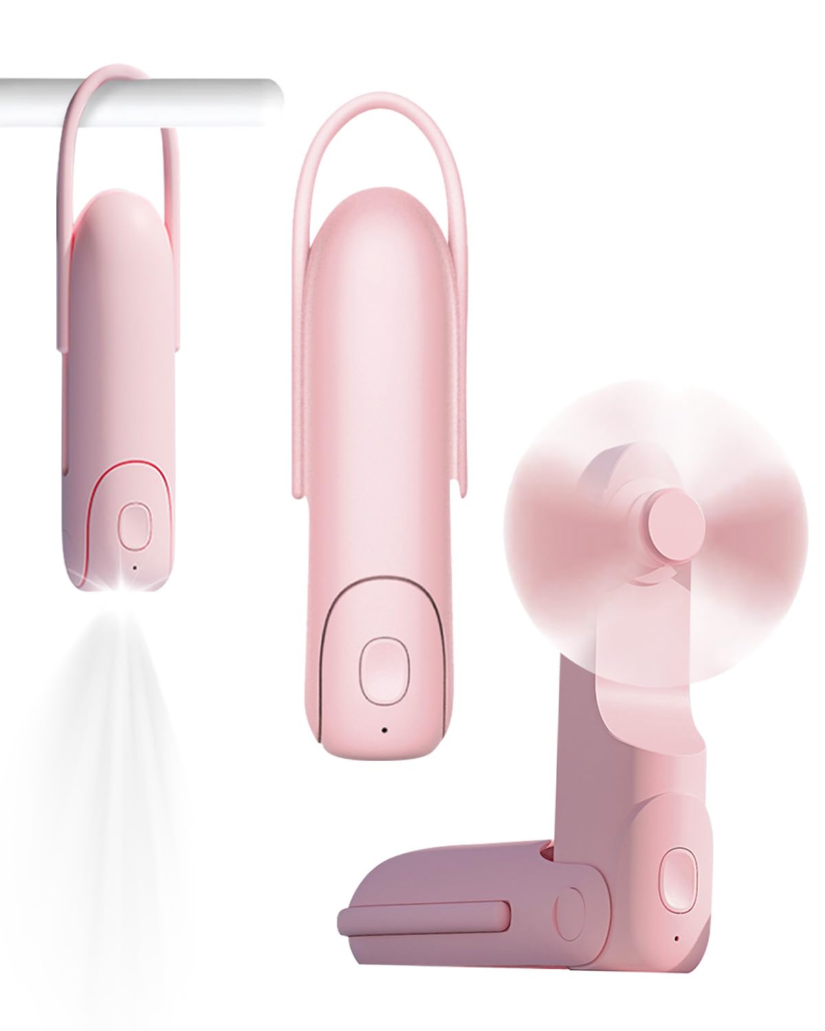 Mini Handventilator, 3-in-1 Handventilator Wiederaufladbarer USB, mit 3 Geschwindigkeitsstufen, Taschenlampe, Powerbank, 12 Stunden, Faltventilator für Reisen/Sommer, Geschenke für Frauen(Rosa)