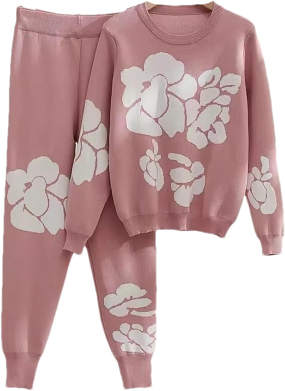 Winter Knitted Trousers Two Piece Set Women Chic Floral Jacquard Sweater+Thick Warm Pants Outfits Casual Tracksuit