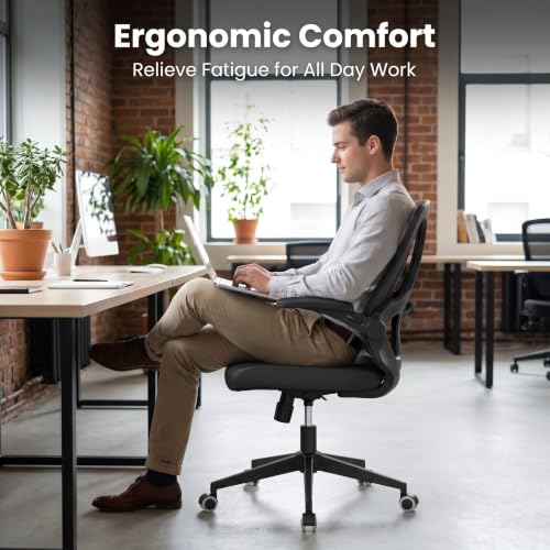 Image of Comfy Office Chair, Adjustable Lumbar Support Desk Chair, Black | Ergonomic Office Chair with Flip-up Armrests, 400LBS Capacity Breathable Mesh Computer Chair for Home Offices, Study, Gaming