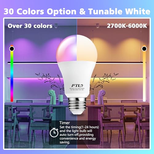 Image of FTL Color Changing Light Bulb with Remote Control, A19 E26 Dimmable RGB LED Colored Light Bulbs 8W 60W Equivalent, 30 Colors, 2700K-6000K, Timer, Multi Color Recessed Light Bulbs for Bedroom, 4-Pack