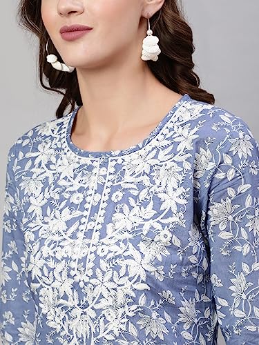 Image of Mizaz Women Embroidered Printed Cotton Round Neck 3 /4 Sleeves Straight Kurta Pant And Dupatta Set (MZ1023BLUE P)