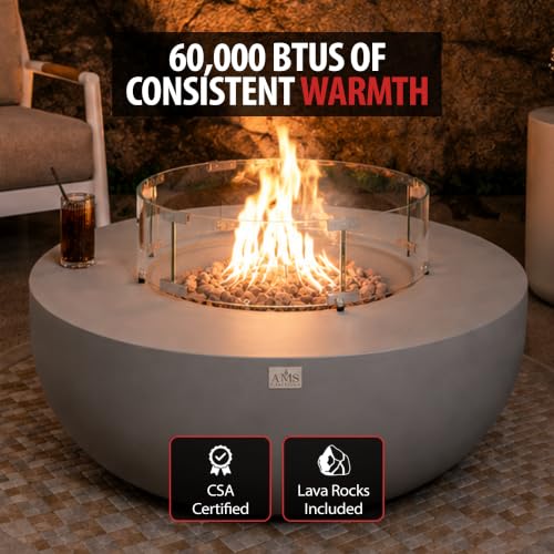Image of AMS Creations | Eclipse 44 inch Bundle Round Cast Concrete Natural Gas Fire Pit Bowl Table | Light Gray | Smooth Texture Surface | Electronic Ignition | Outdoor Patio Heater Outside Backyard Fireplace