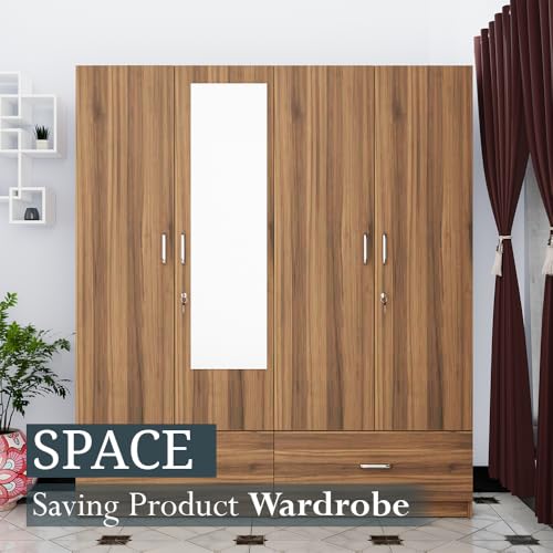 Image of VIKI Wardrobe |Wooden Almirah for 4 Door Wardrobe with 2 Split Drawer & Hanging Space with Mirror (Brussel Walnut - 40D x 160W x 180.8H) | 1 Year Warranty | Free Assembly