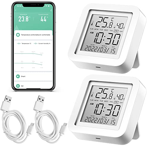 Flutesan 2 Pcs Smart Wireless Temperature Monitor Humidity Monitor Wireless Hygrometer Thermometer Digital Room Compatible with APP Notification Alert and LCD Display House