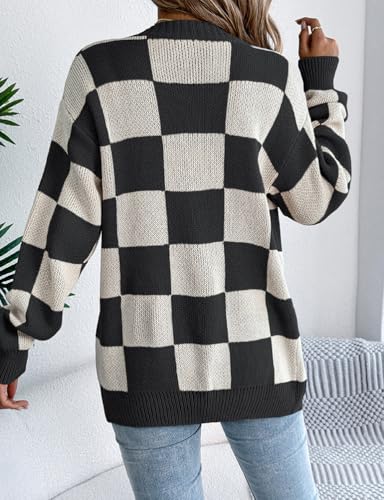 Mywinway Women's Checkered Cardigan Sweaters Fall Fashion Open Front Long Sleeve V Neck Cute Knit Oversized Tops2